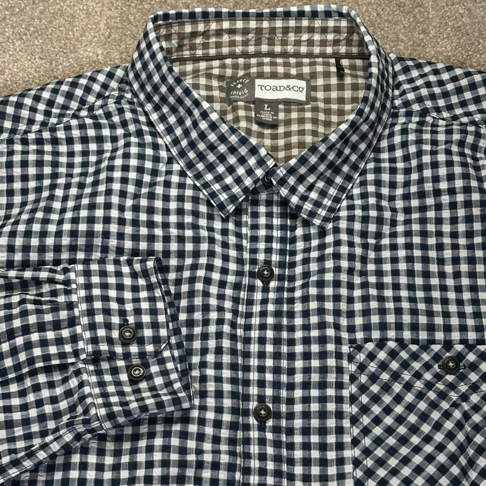 Toad&Co Large Button Down‎ Shirt Mens Navy White Gingham Insect Shield Excellent